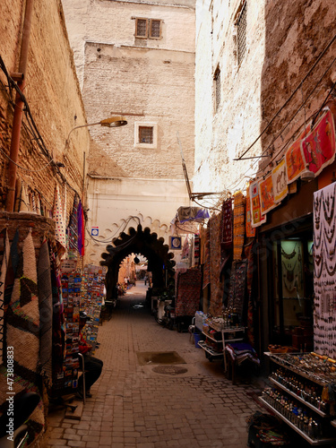 Marrakech, Morocco, 24.10.2021. Narrow street with shops in the Medina. © Maleo Photography