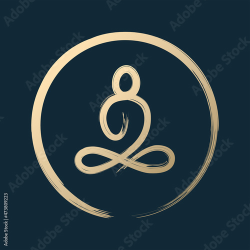 Buddha sitting zen gold brush stroke painting in circle isolated on dark blue background for vector design element or logo in buddhism, meditation concept