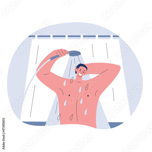 Man taking a shower. Vector illustration in flat style.