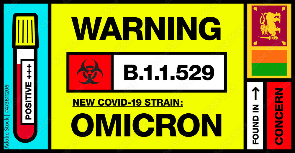 Fototapeta premium Sri Lanka. Covid-19 New Strain Called Omicron. Found in Botswana and South Africa. Warning Sign with Positive Blood Test. Concern. B.1.1.529.