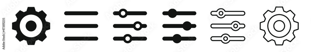 Setting black icon set. Isolated option symbols on white background. Gear cogwheel settings, basic app options. Config glyph filled and outline. Vector illustration. Setting black icon set. Isolated option symbols on white background. Gear cogwheel settings, basic app options. Config glyph filled and outline. Vector illustration.