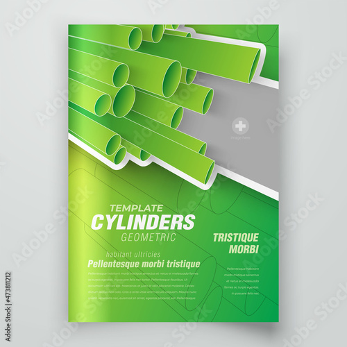 Flyer cover print Cylinders 3d flying perspective design template green color vector