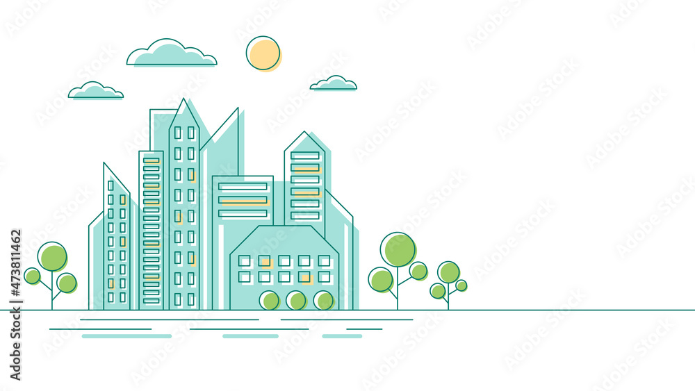 City landscape, multi-storey buildings and trees in a linear style. Banner with copy space. Vector stock illustration. City landscape, multi-storey buildings and trees in a linear style. Banner with copy space. Vector stock illustration.