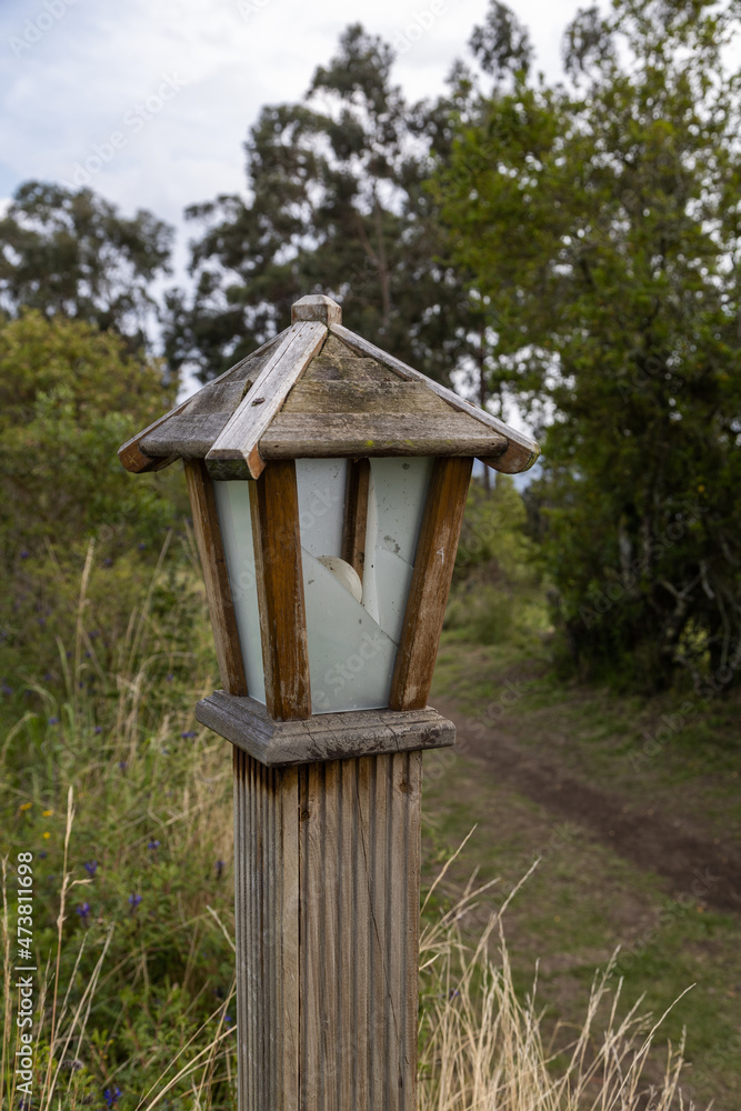 beautiful lamp with wooden house design next to a dirt road in a forest, nature in the day beautiful lamp with wooden house design next to a dirt road in a forest, nature in the day