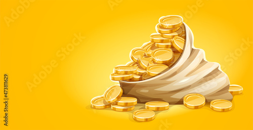 Gold coins in open sack cash money heap, Isolated on yellow background. Eps10 vector illustration.