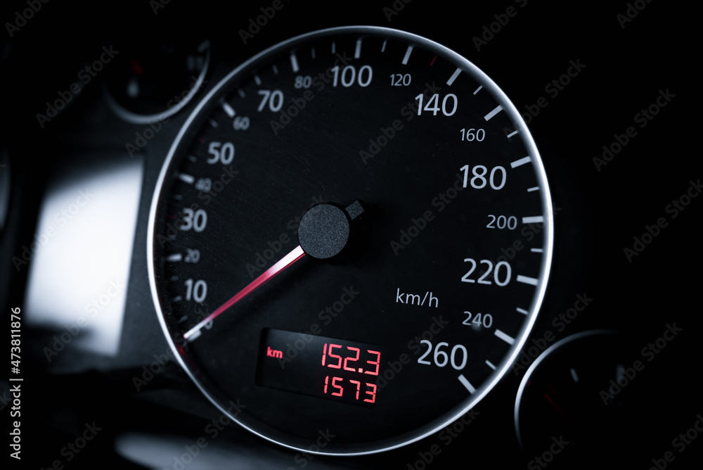 Car speedometer, close up. A device for determining the speed of a car.