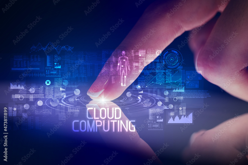 Finger touching tablet with web technology icons concept Finger touching tablet with web technology icons concept