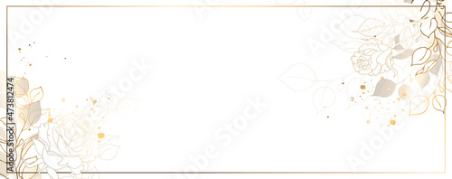 Luxurious golden wallpaper. Banner with flowers. Watercolor blue spots on a white background and divorce. Shiny flowers and twigs. Vector file.