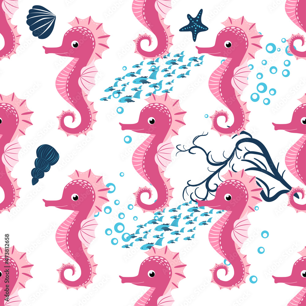 Seahorse, sea inhabitants seamless pattern, beautiful character among seashells, seaweed, starfish, marine Seahorse, sea inhabitants seamless pattern, beautiful character among seashells, seaweed, starfish, marine