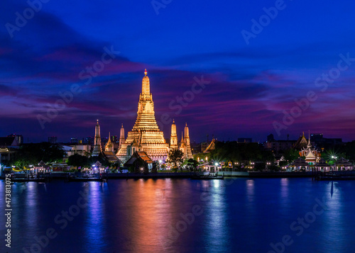 Wat Arun or Temple of dawn, beautiful blue sky before dark night, Bangkok, Thailand