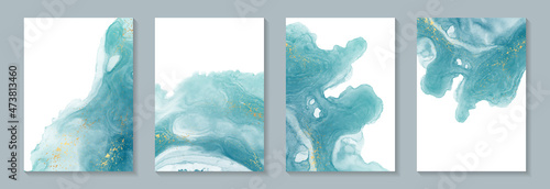 Modern watercolor background or elegant card design for birthday invite or wedding or menu with abstract teal blue ink waves and golden splashes.
