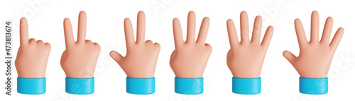 Front view cartoon hand showing fingers from one to five. Rating or countdown design elements. 3D rendered image. photo