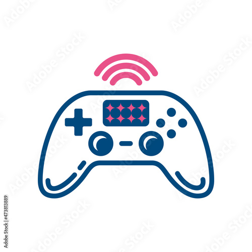 The line icon of a gamepad with a Wi-Fi symbol has a blue and pink color is isolated on a white background.