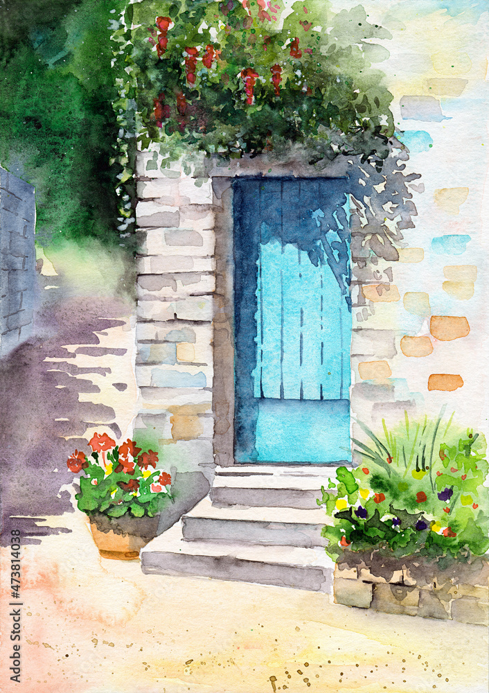 Watercolor illustration of the facade of an old stone house with a blue ...