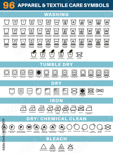 Apparel and textile clothing laundry care symbol icon design set. clothing care labels and tags symbol, washing care guide symbols and signs vector illustration for fashion garments and clothing