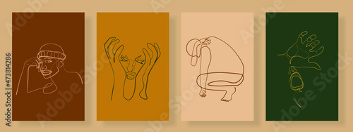 Continuous line stressed women headache depression are anxious simple line vector illustration