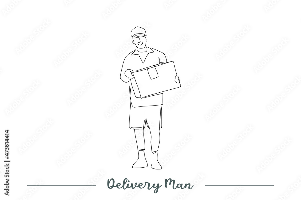 Continuous line art or One Line Drawing of 
 delivery man  standing with parcel post