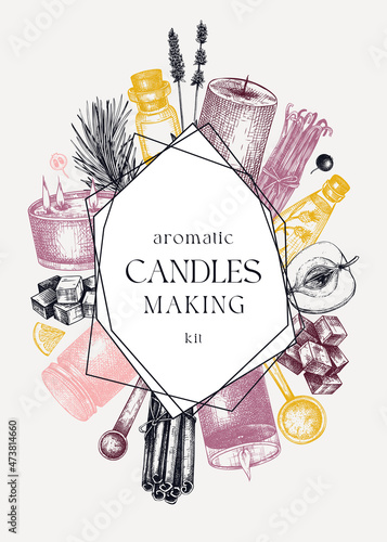 Scented candles card or flyer design. Hand-sketched aromatic materials and natural ingredients for candle making, cosmetics, perfumery. Great template for branding, packaging, identity, web banners.