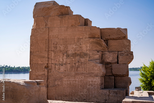 Ruins with remains of piety decorated with Hieroglyphs in the Temple of Kom Ombo along the Nile River. Photograph taken in Kom Ombo, Aswan, Egypt. 