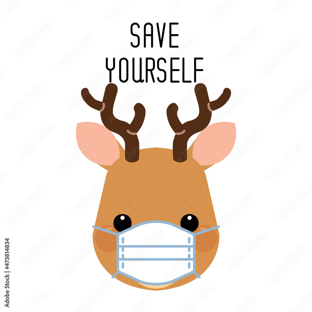 Cute cartoon reindeer wearing face mask protection from dust and virus isolated on white background. Vector illustration for prevention the spread of bacteria, coronaviruses. Cute cartoon reindeer wearing face mask protection from dust and virus isolated on white background. Vector illustration for prevention the spread of bacteria, coronaviruses.