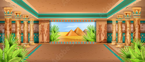 Egypt temple interior background, vector ancient pharaoh pyramid palace, Egyptian desert view. Old stone column, game civilization panoramic landscape, palm leaf, antique wall hieroglyph. Egypt temple