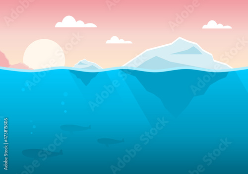 Iceberg or ice mountain floating on blue ocean sea with whale in evening flat vector. Concept global warming.