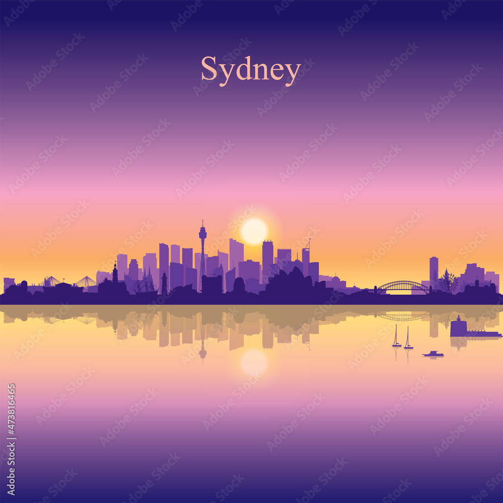 Sydney city silhouette on sunset background