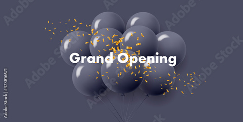 Illustration of bunch of round air balloons with golden confetti, mono chrome dark grey luxury premium colors