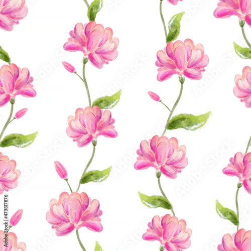 Pink lotus or magnolia flowers - seamless watercolor pattern on White Background. Romantic flowers - vertical composition.