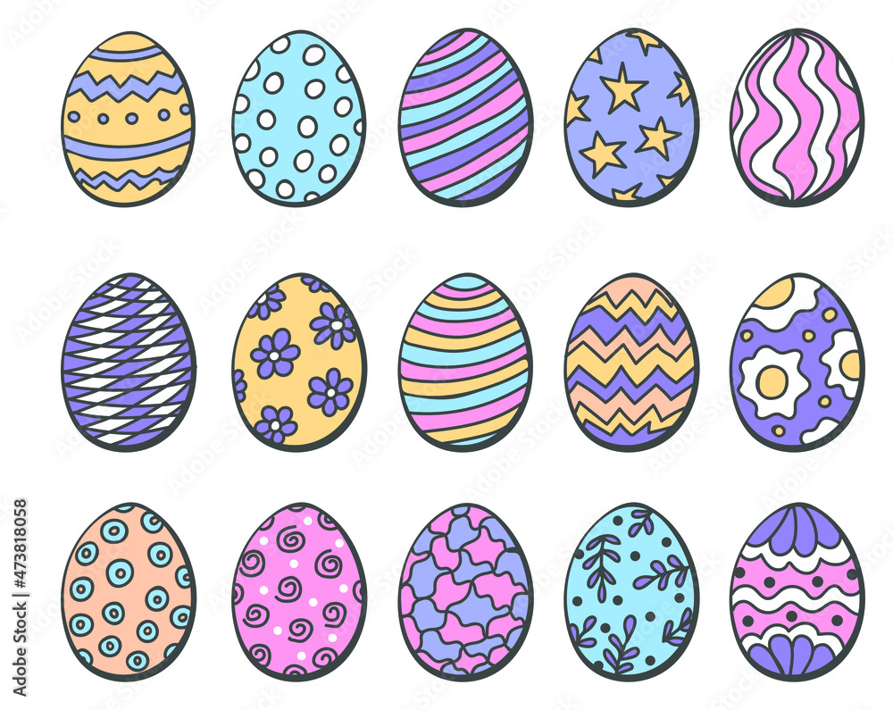Set of hand drawn multi colored easter eggs. Ornaments for Easter design. Vector illustration in doodle style.