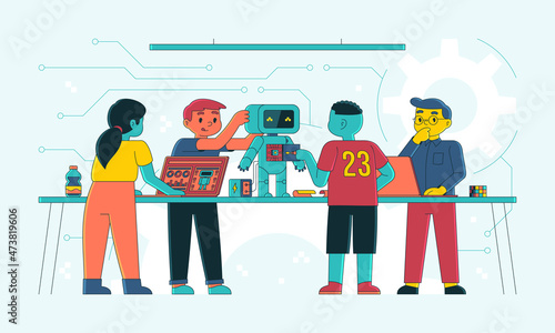 Robotics at school lineart vector illustration and mathematics