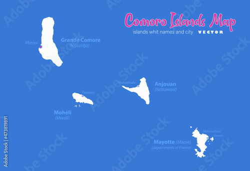 Comoro Islands map, island whit names and city, blue background vector photo
