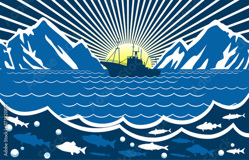 Seascape with fishing vessel, commercial fish, mountains and sunset