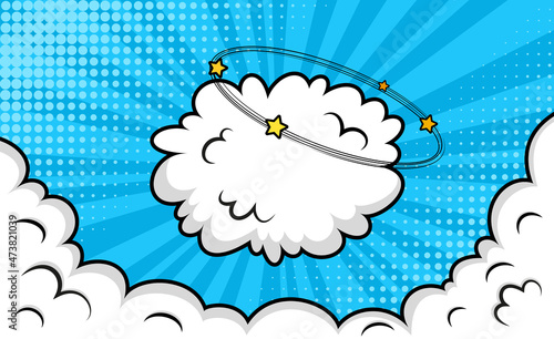 Pop art halftone background with clouds. Funny shape in comic style. Cartoon bomb explosion. Retro blue frame with smoke balloon and wind. Speech bubble element. Sky air banner. Vector illustration