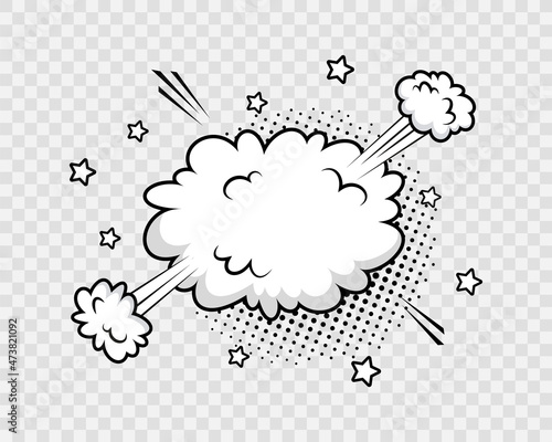 Comic cloud with halftone in pop art style. Funny balloon. Speech bubble. Explosion bomb frame. Cartoon element. Message shape with speed effect. Sky air object. Vector illustration.