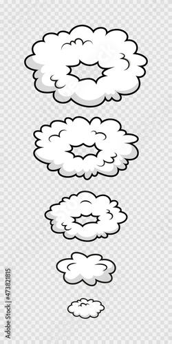 Comic smoke clouds. Pop art funny balloons. Speech bubble. Cartoon elements. Message shape with speed effect. Explosion bomb frame. Sky air objects. Vector illustration.