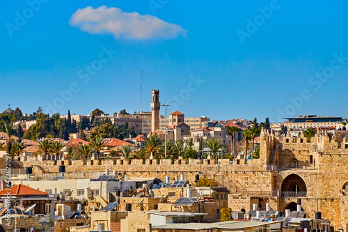 Panoramic view of the Damascus Gate from the roof the Austrian Hospice of Holy Family, a refuge for itinerant pilgrims, was opened in 1854 by Catholic Church of Austria in Holy Land. Jerusalem, Israel