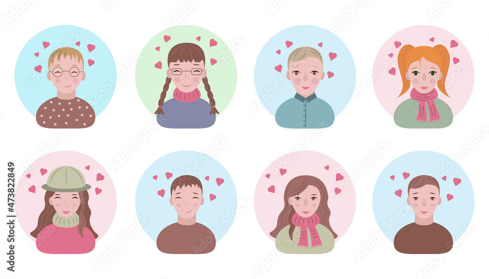 Faces of young people and children in love. Avatars of happy lovers of men and women and children. Portraits of smiling people on Valentine s Day. Funny faces with hearts above their heads. Vector Faces of young people and children in love. Avatars of happy lovers of men and women and children. Portraits of smiling people on Valentine s Day. Funny faces with hearts above their heads. Vector