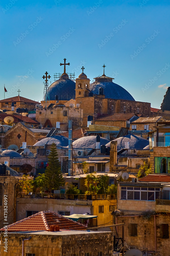 Panoramic view of Church of Holy Sepulcher from roof Austrian Hospice of Holy Family, refuge for itinerant pilgrims, was opened in 1854 by Catholic Church of Austria in Holy Land. Jerusalem, Israel