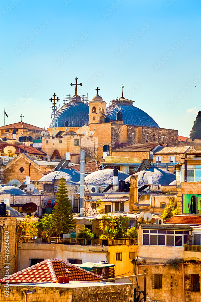 Panoramic view of Church of Holy Sepulcher from roof Austrian Hospice of Holy Family, refuge for itinerant pilgrims, was opened in 1854 by Catholic Church of Austria in Holy Land. Jerusalem, Israel
