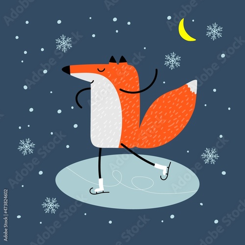 Cartoon fox ice skating. Outdoor recreation. Happy character with ice skates on moonlight night background with snowflakes. Foxy having fun at rink. Vector hand drawn illustration. Winter card