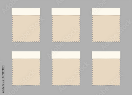 Fabric samples Mood Board. Textile swatches for your design. Trendy Mockup. 6 Fabric pieces for presentation. Vector Blank Template. EPS10.