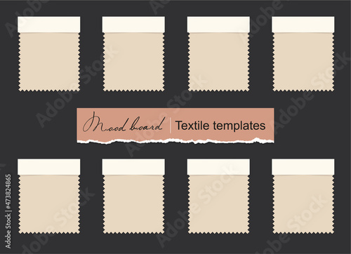 Textile swatches set on a dark background. Fabric samples Mood Board. 8 Fabric pieces for presentation and design. Trendy Mockup. Vector Blank Template. EPS10.