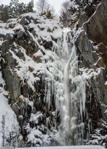 A frozen waterfall with ice in a blue and white color in winter. Winter background.