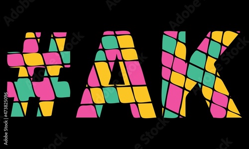 AK Hashtag. Tricolor isolated letters from contrast flowing fluid shapes. 3 colored Hashtag #AK is abbreviation for the US American state Alaska for social network, web resources, mobile app