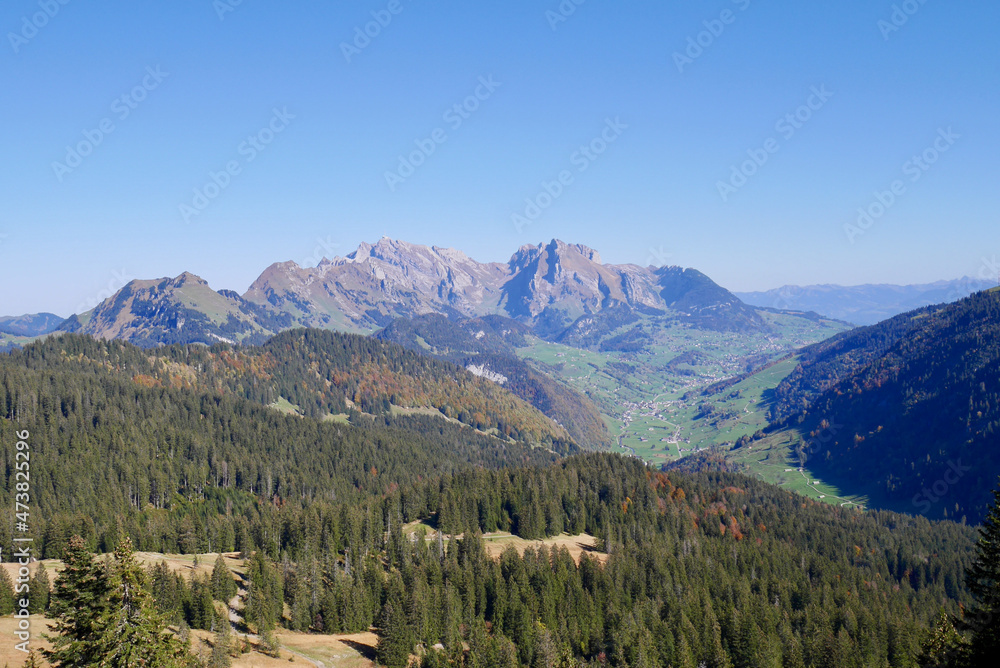 Panoramic view of Alpstein massif seen from the high plateau Hintere Hoehi, St. Gallen, Switzerland.