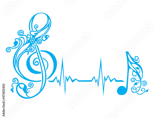 Treble clef with music notes and cardiogram