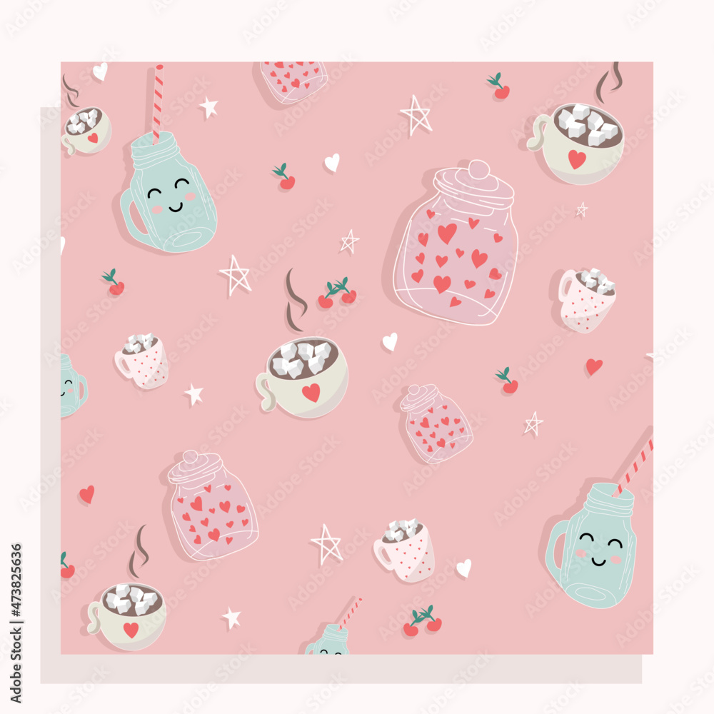 A modern style pattern. pink background. Mugs, cherries, candies, cups. Doodle and hand draw. Stock Vector illustration. Food, coffee and tea. Jar of hearts. A modern style pattern. pink background. Mugs, cherries, candies, cups. Doodle and hand draw. Stock Vector illustration. Food, coffee and tea. Jar of hearts.