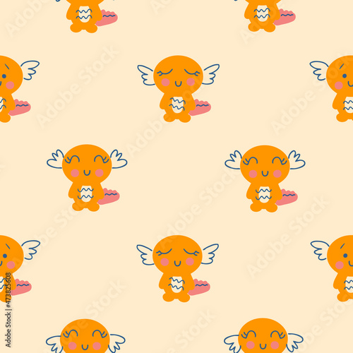 Hand drawn seamless pattern with cute axolotls. Perfect for T-shirt  textile and print. Doodle vector illustration for decor and design. 