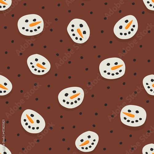 messy cute smiling snowmen faces and chocolate drops floating in a hot chocolate background colorful winter food mood vector seamless pattern 